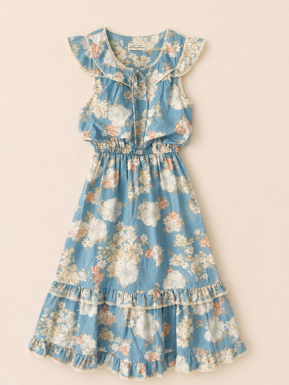 Vintage 70’s Blue Floral Cottagecore Prairie Dress Lace Small cotton